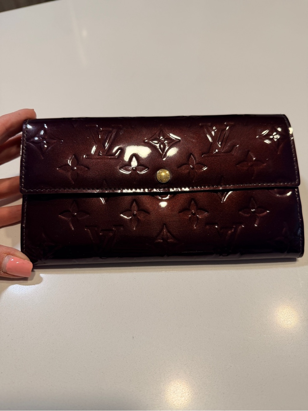 Authentic Louis Vuitton Sarah Wallet Monogram Vernis Amarante Patent Leather